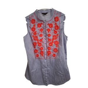 Brooks Brothers Sleeveless Button Blouse Casual Stripe Floral Embroidered Size 6